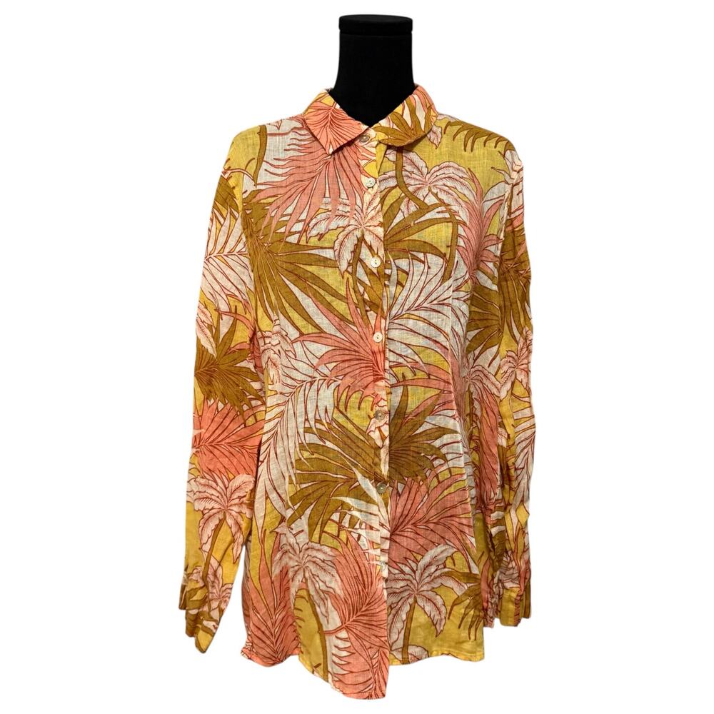 Tahari 100% Linen Long Sleeve Button Up Shirt Tropical Print Palm Trees Size XL